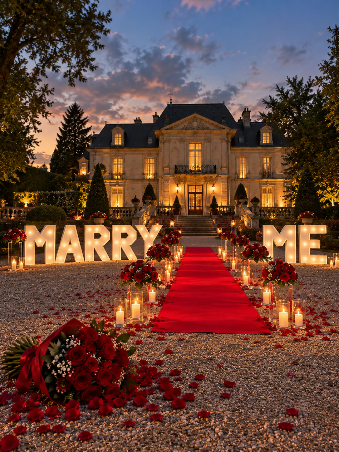 Roter Antrag: Leuchtende Marry-Me-Buchstaben, roter Teppich, rote Rosensträuße und Rosenblüten